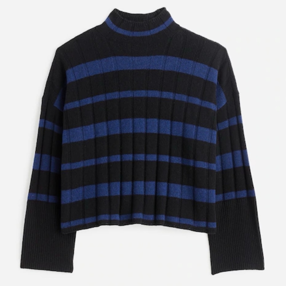 Madewell Ribbed Cashmere-Wool Pullover Sweater Cobalt Blue/Black Stripe Small - Picture 15 of 16